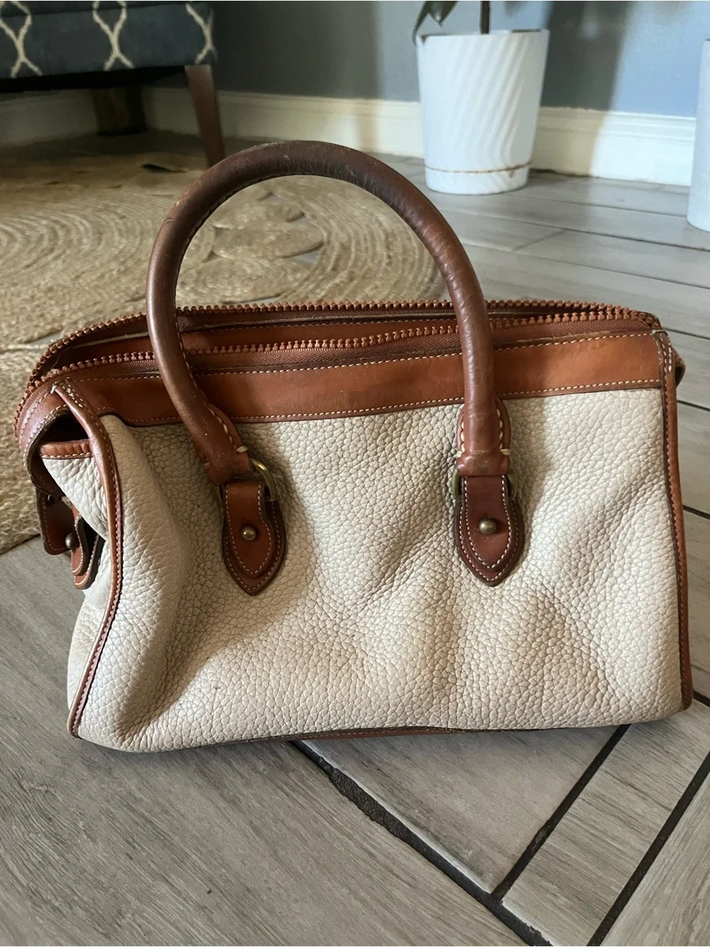 Dooney & Bourke Cream Pebbled Leather Satchel with Brown Trim